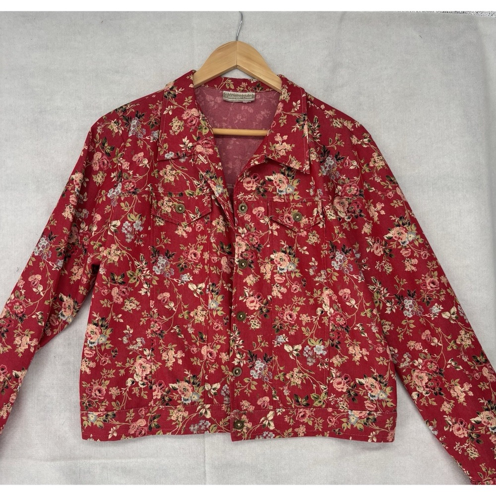 Coldwater Creek Red Floral Jacket Women's L Cotton Bld Stretch Western Stitching
